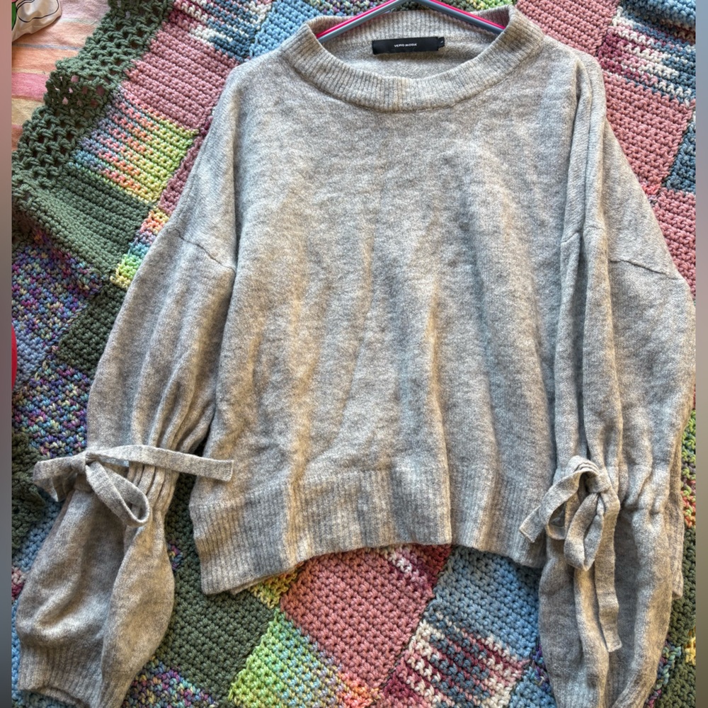 Gray Women's Sweater with Tie Sleeves